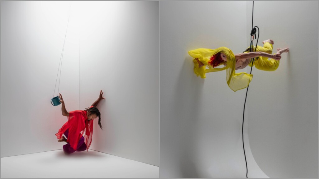 Left Image: Gabriele Christian wears a flowing red costume while dancing with a metal cup in a corner; Right Image: Sonsherée Giles dancing in a flowing yellow costume, suspended from rope and harness rock climbing gear.